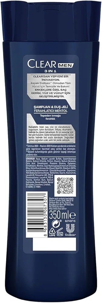 Clear Men 3 in 1 Şampuan & Duş Jeli Ferahlatıcı Mentol Saç Yüz Vücut İçin 350 ml