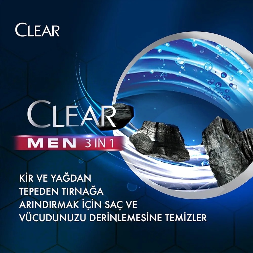 Clear Men 3 in 1 Arındırıcı Kömür 350 ML Şampuan ve Duş Jeli