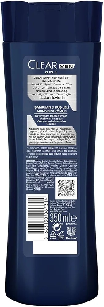 Clear Men 3 in 1 Arındırıcı Kömür 350 ML Şampuan ve Duş Jeli
