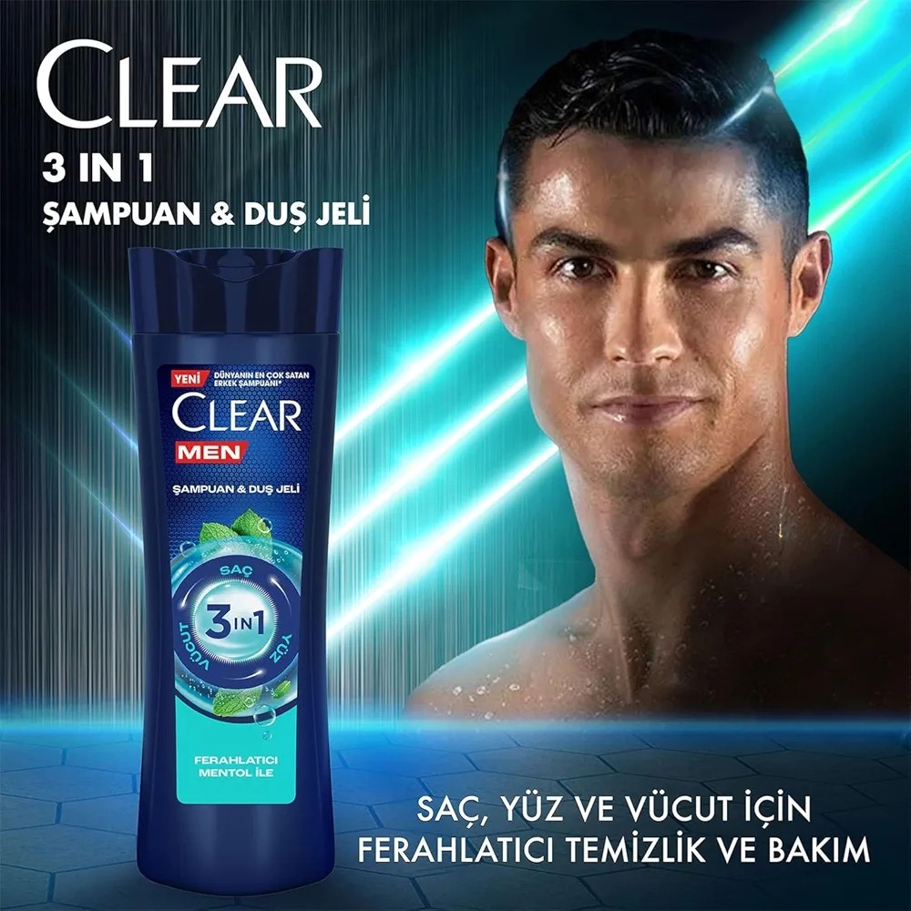 Clear Men 3 in 1 Şampuan & Duş Jeli Ferahlatıcı Mentol Saç Yüz Vücut İçin 350 ml