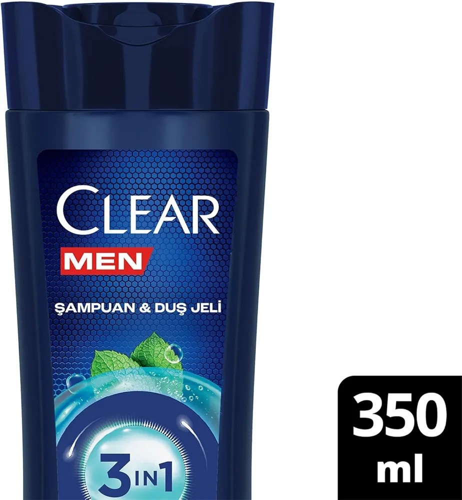 Clear Men 3 in 1 Şampuan & Duş Jeli Ferahlatıcı Mentol Saç Yüz Vücut İçin 350 ml