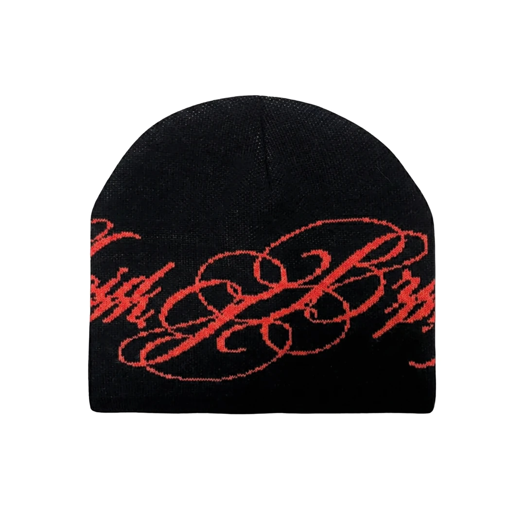 MIRABELLE RED ON BLACK BEANIE
