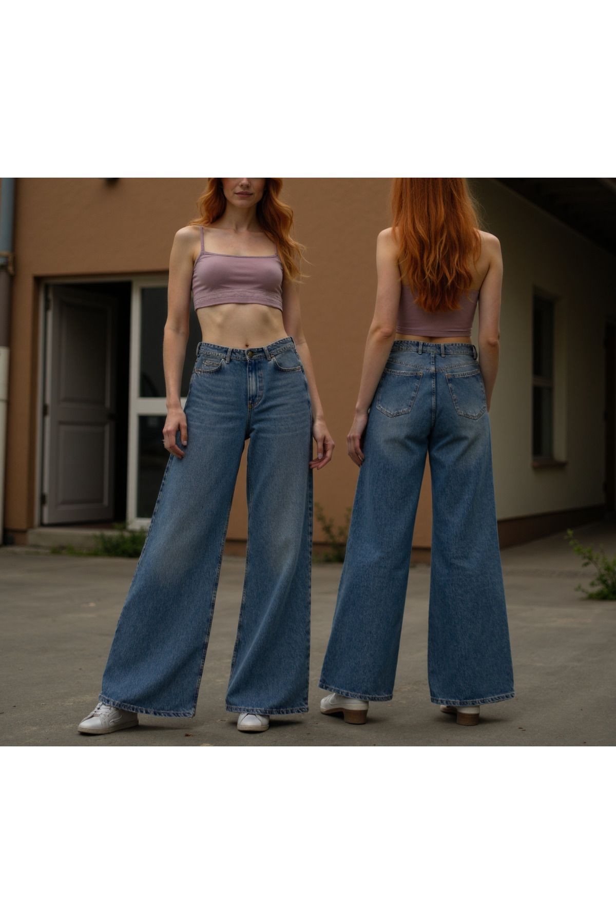 Kadın %100 Pamuk Wide Leg Baggy Jeans - açık mavi