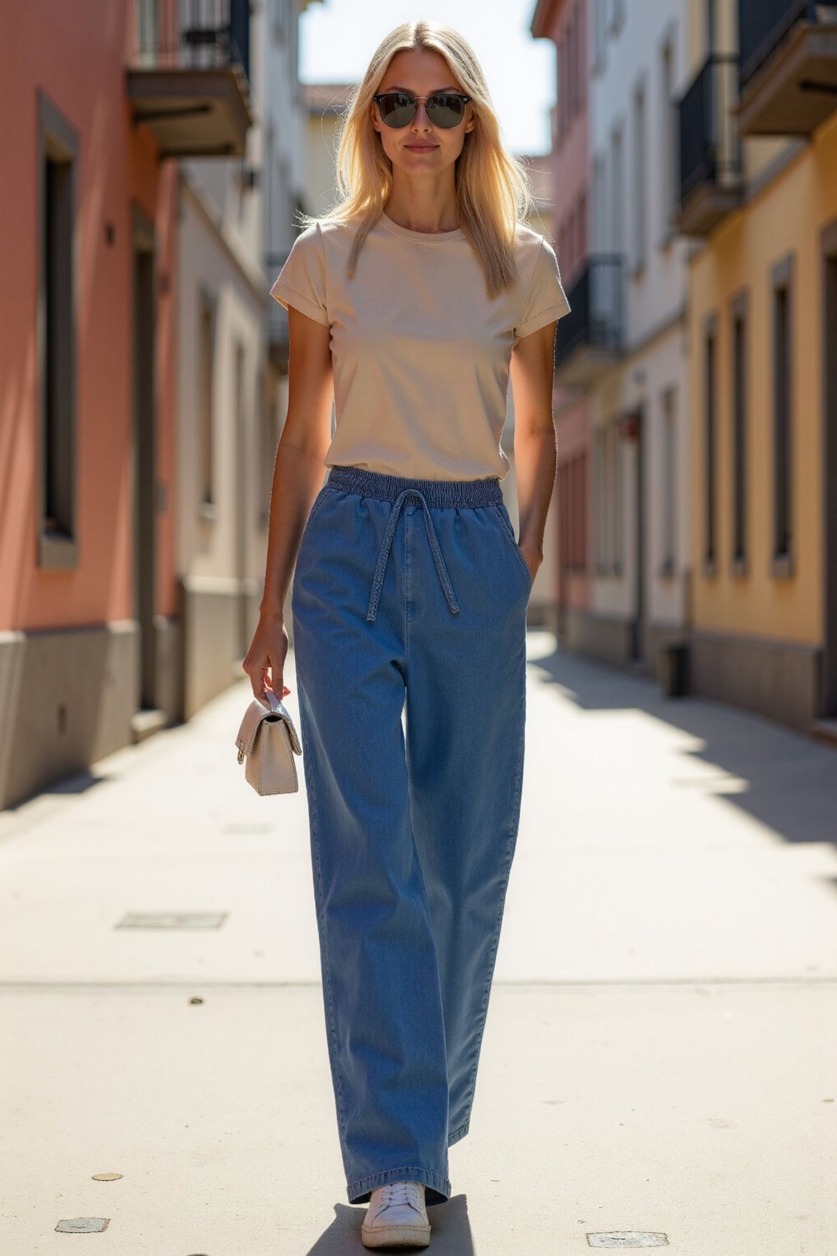 Beli Lastikli Normal Bel Wide Leg Jeans