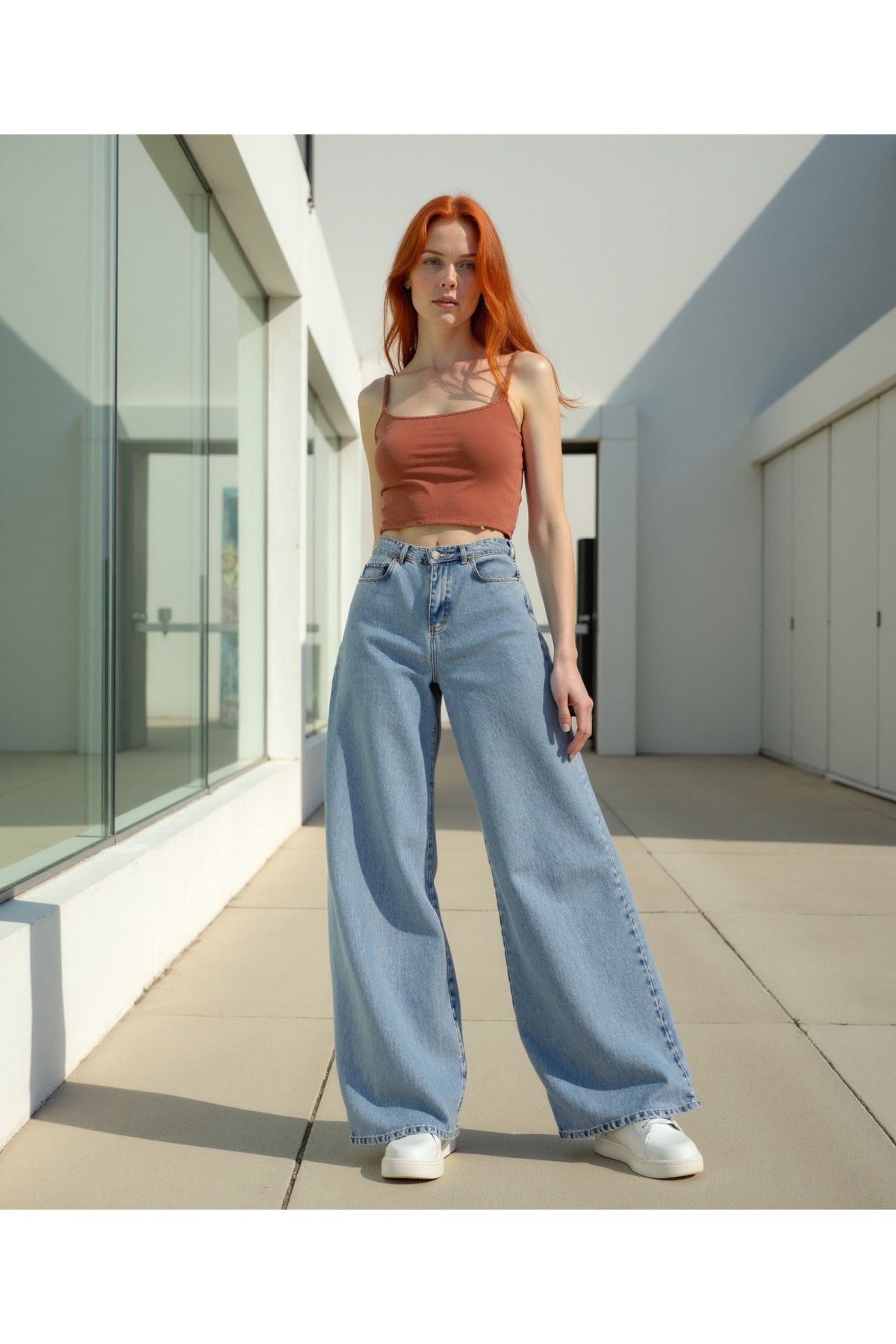 Kadın %100 Pamuk Wide Leg Baggy Jeans - buz mavi