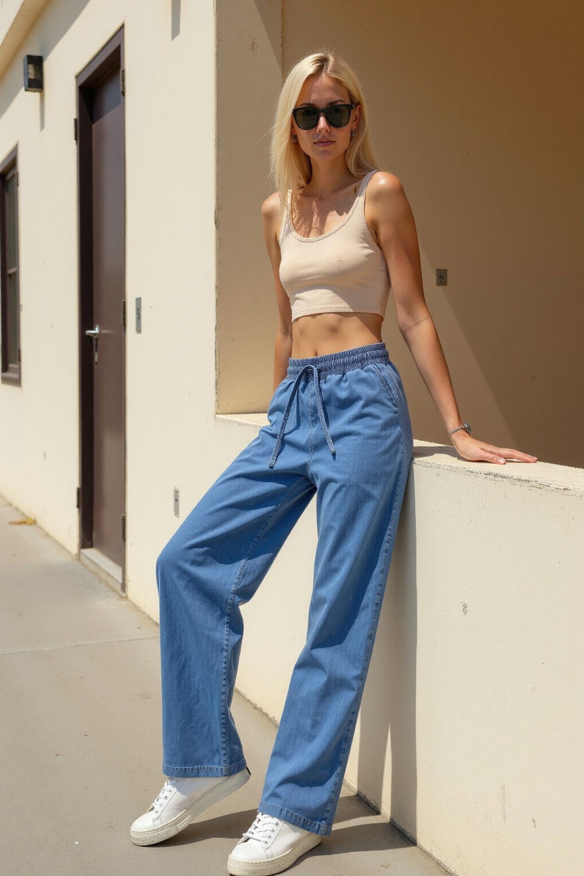 Beli Lastikli Normal Bel Wide Leg Jeans