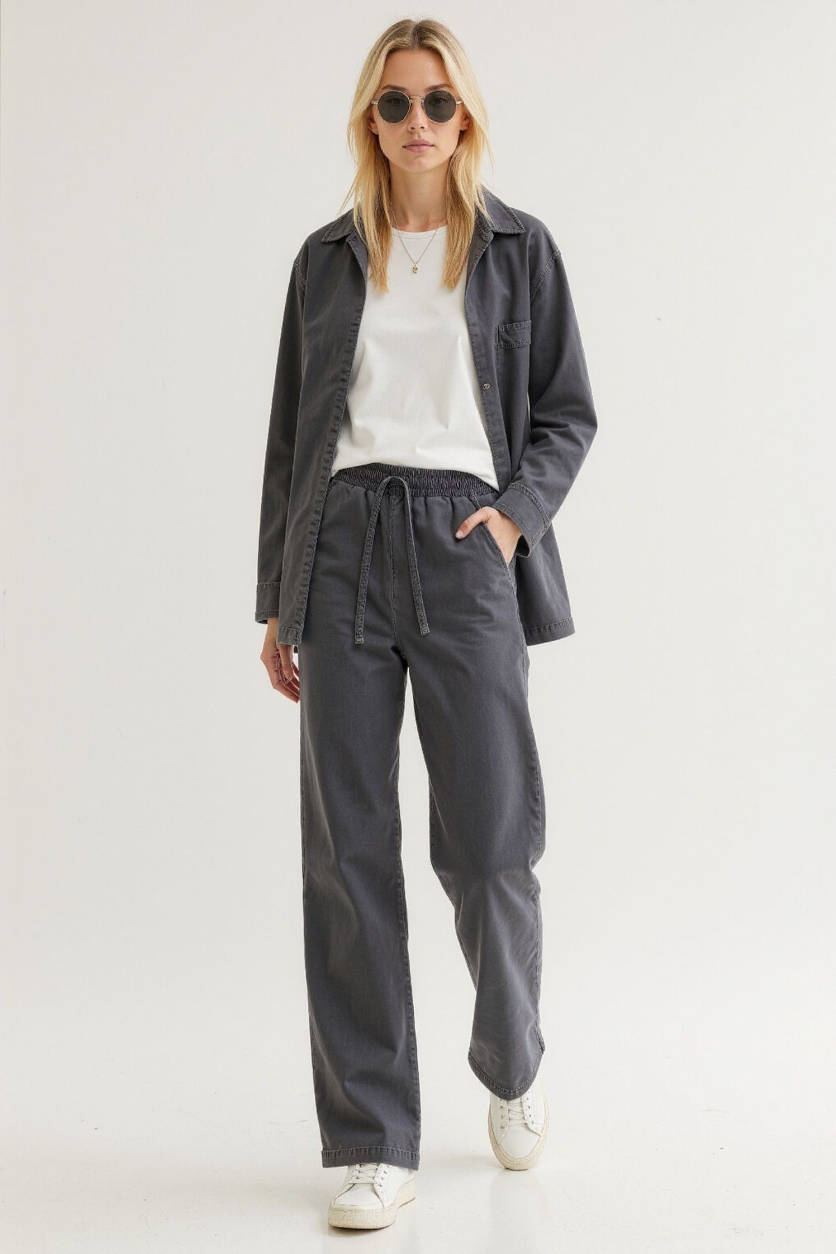 Beli Lastikli Normal Bel Wide Leg Jeans - gri