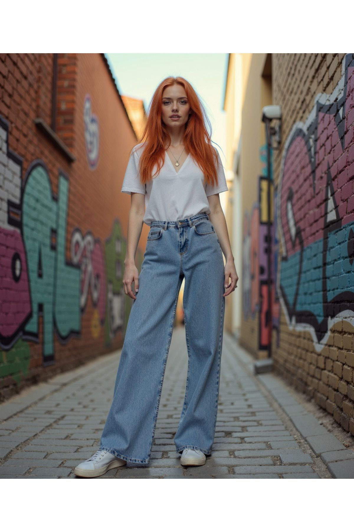 Kadın %100 Pamuk Wide Leg Baggy Jeans