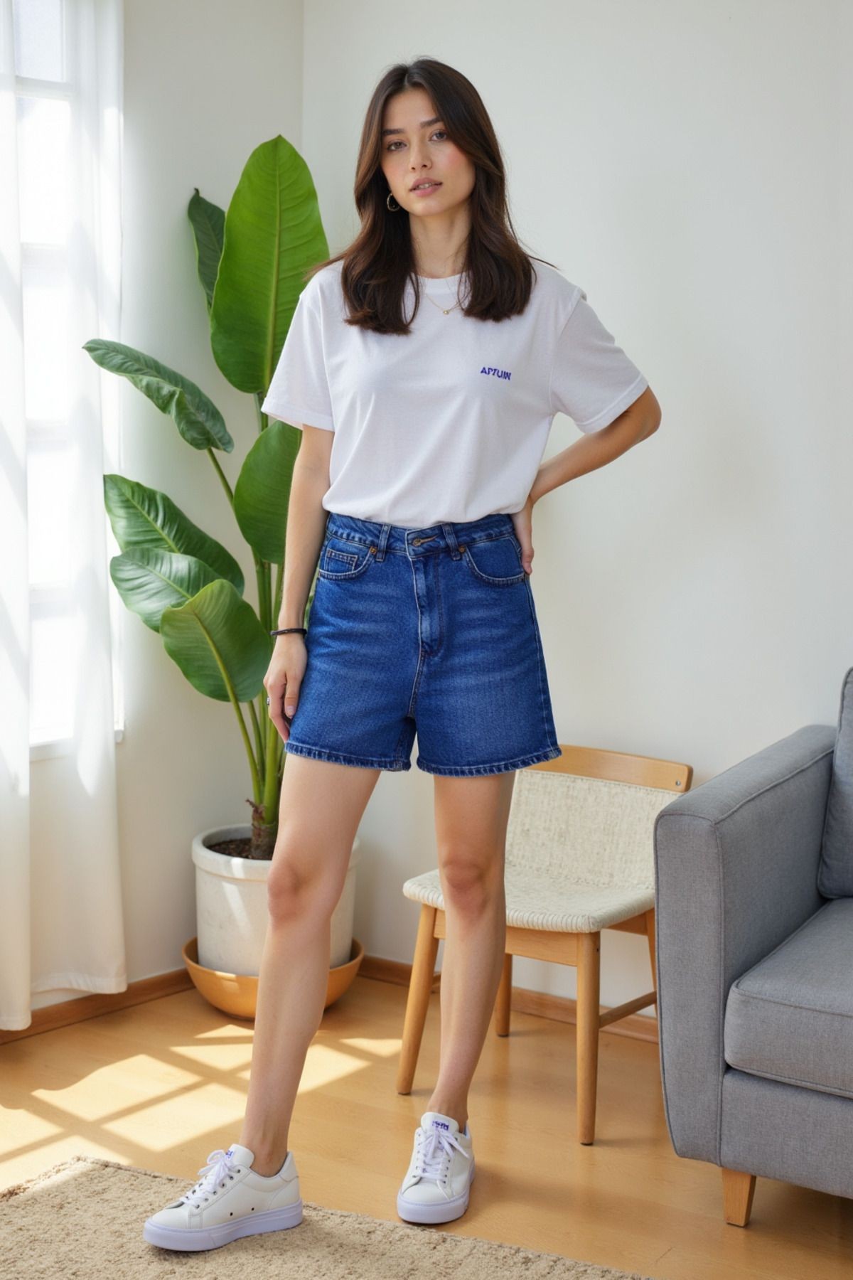 Kadın %100 Pamuk Yüksek Bel City Boy Denim Şort