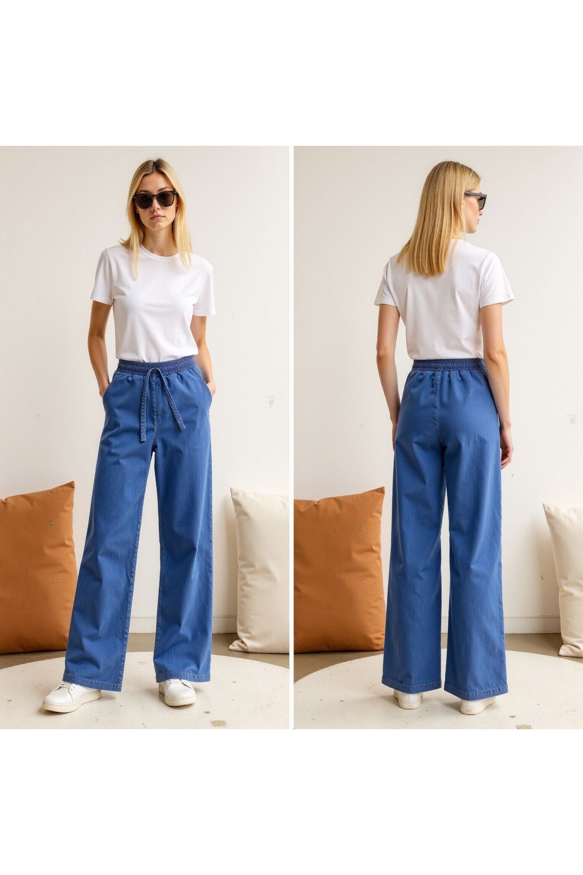 Beli Lastikli Normal Bel Wide Leg Jeans