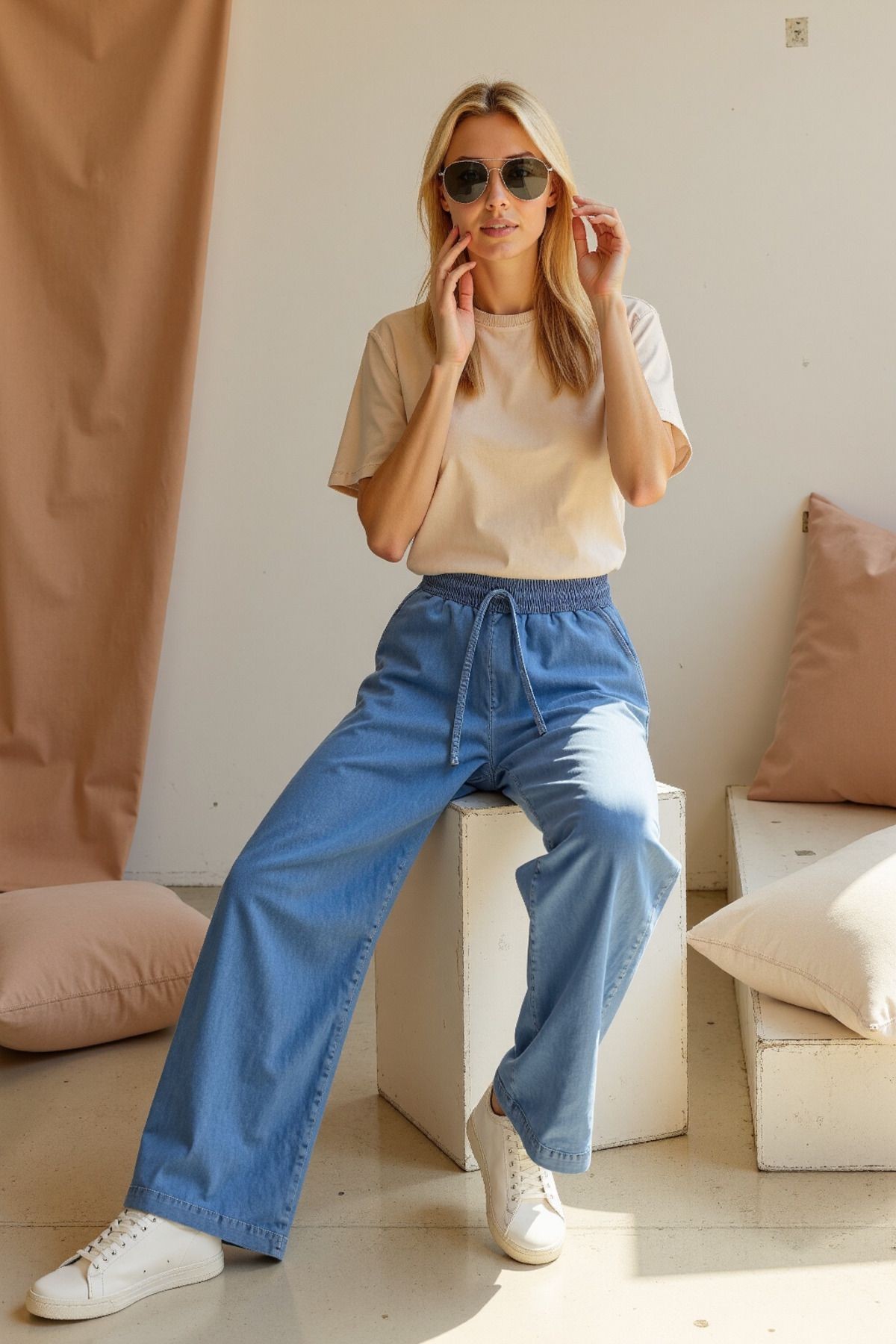Beli Lastikli Normal Bel Wide Leg Jeans