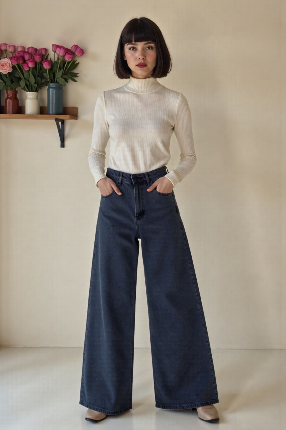 Kadın %100 Pamuk Wide Leg Baggy Jeans