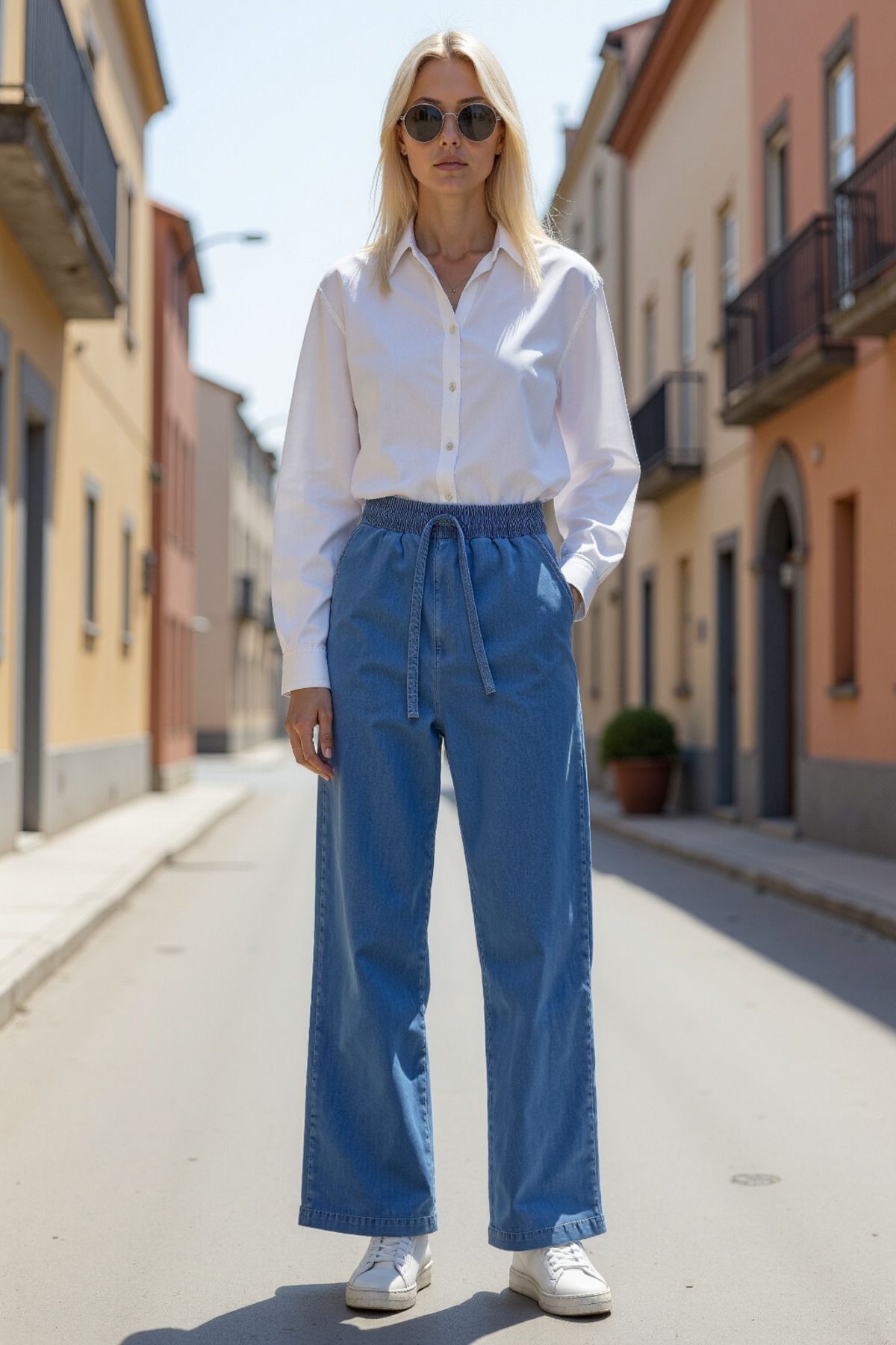Beli Lastikli Normal Bel Wide Leg Jeans