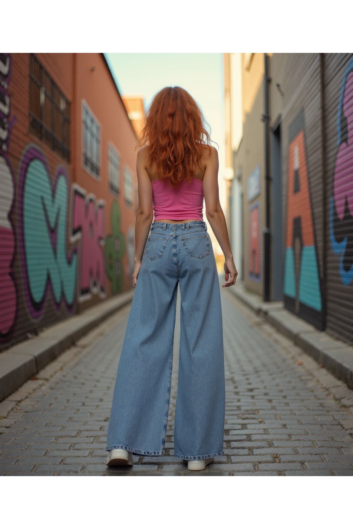 Kadın %100 Pamuk Wide Leg Baggy Jeans