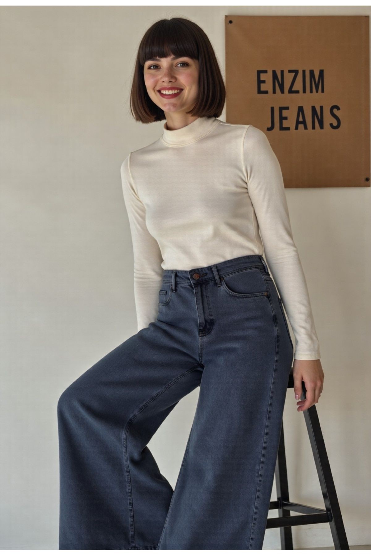 Kadın %100 Pamuk Wide Leg Baggy Jeans