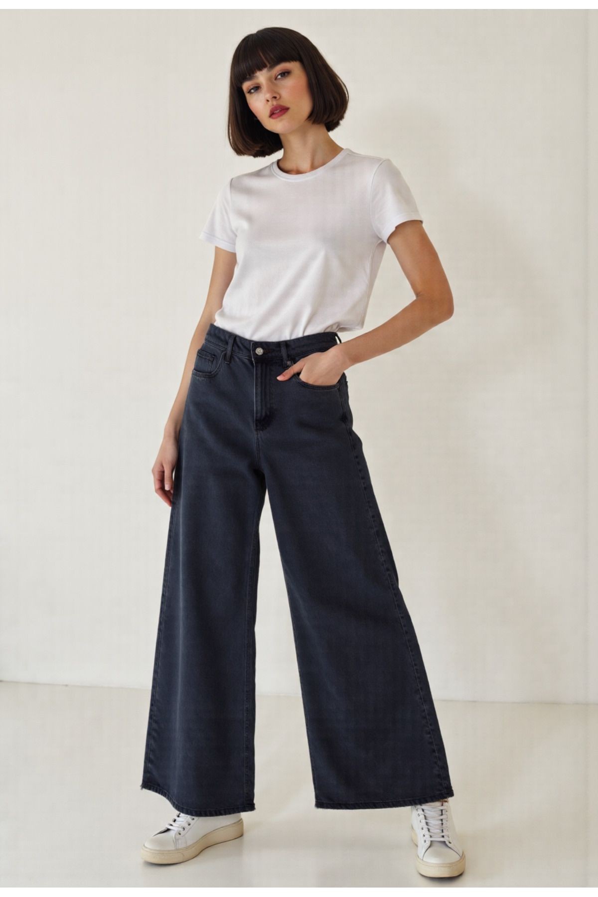 Kadın %100 Pamuk Wide Leg Baggy Jeans - füme