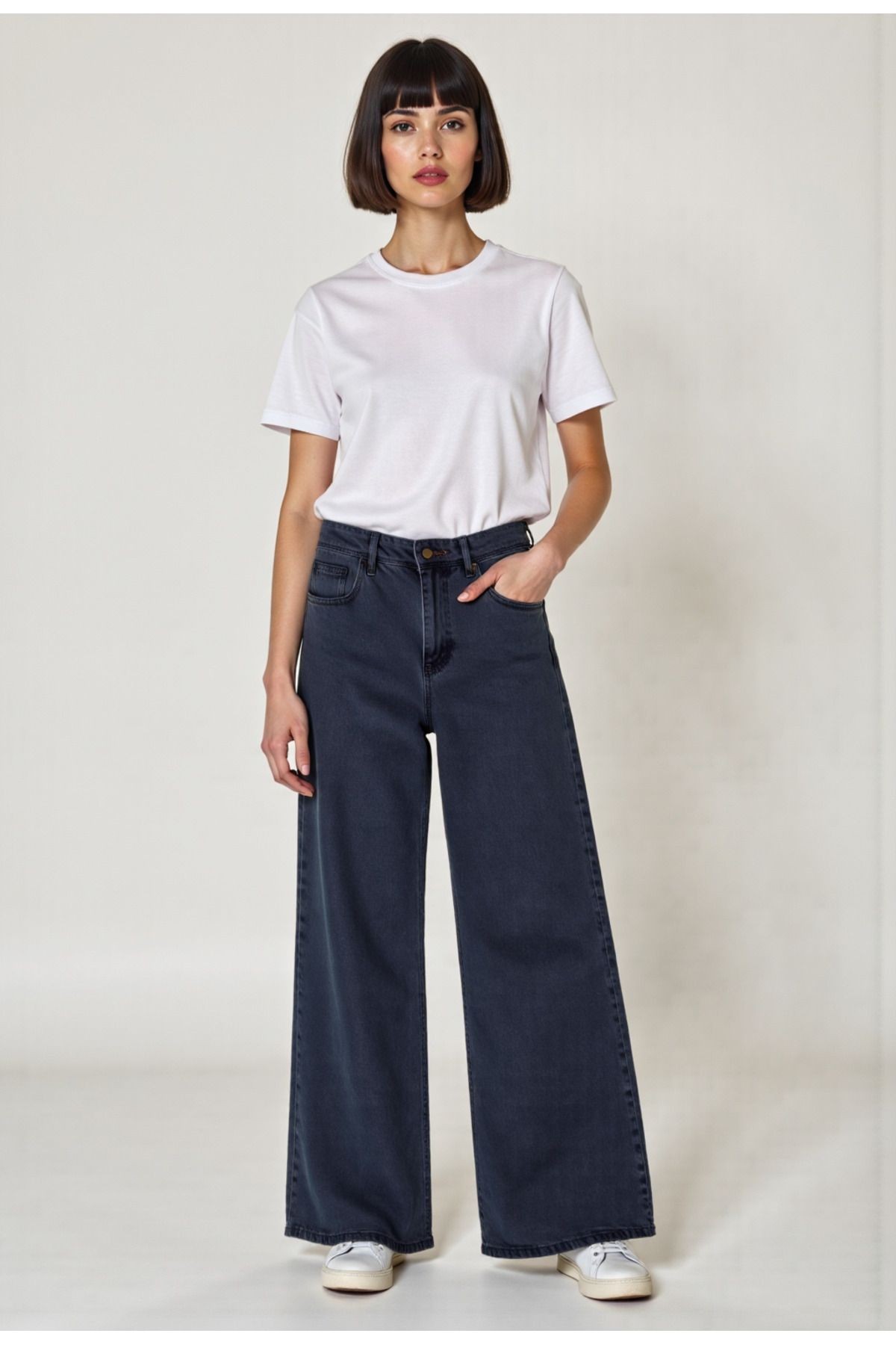 Kadın %100 Pamuk Wide Leg Baggy Jeans