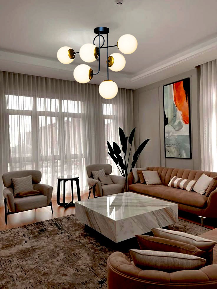 LEDMOTİONS PARE MODEL MODERN SPOR GOLD   BEŞLİ GLOP BEYAZ CAMLI AVİZE 