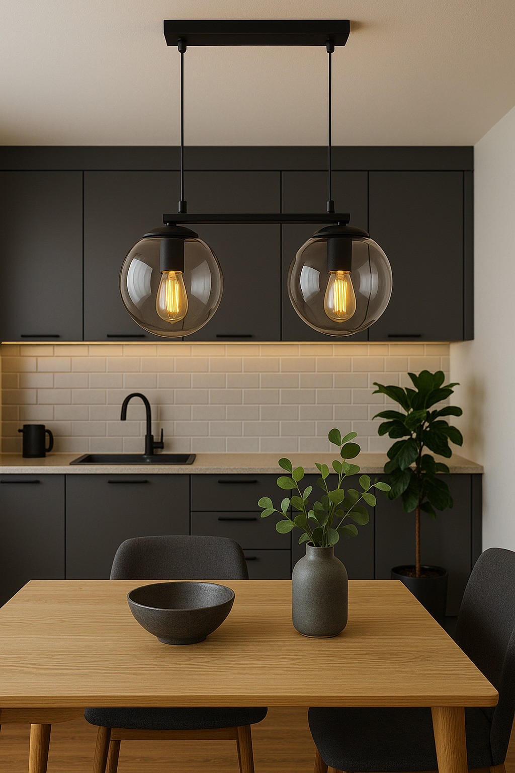 LEDMOTİONS MODERN FÜME GLOP CAMLI SIRALI İKİLİ SİYAH SARKIT AVİZE 