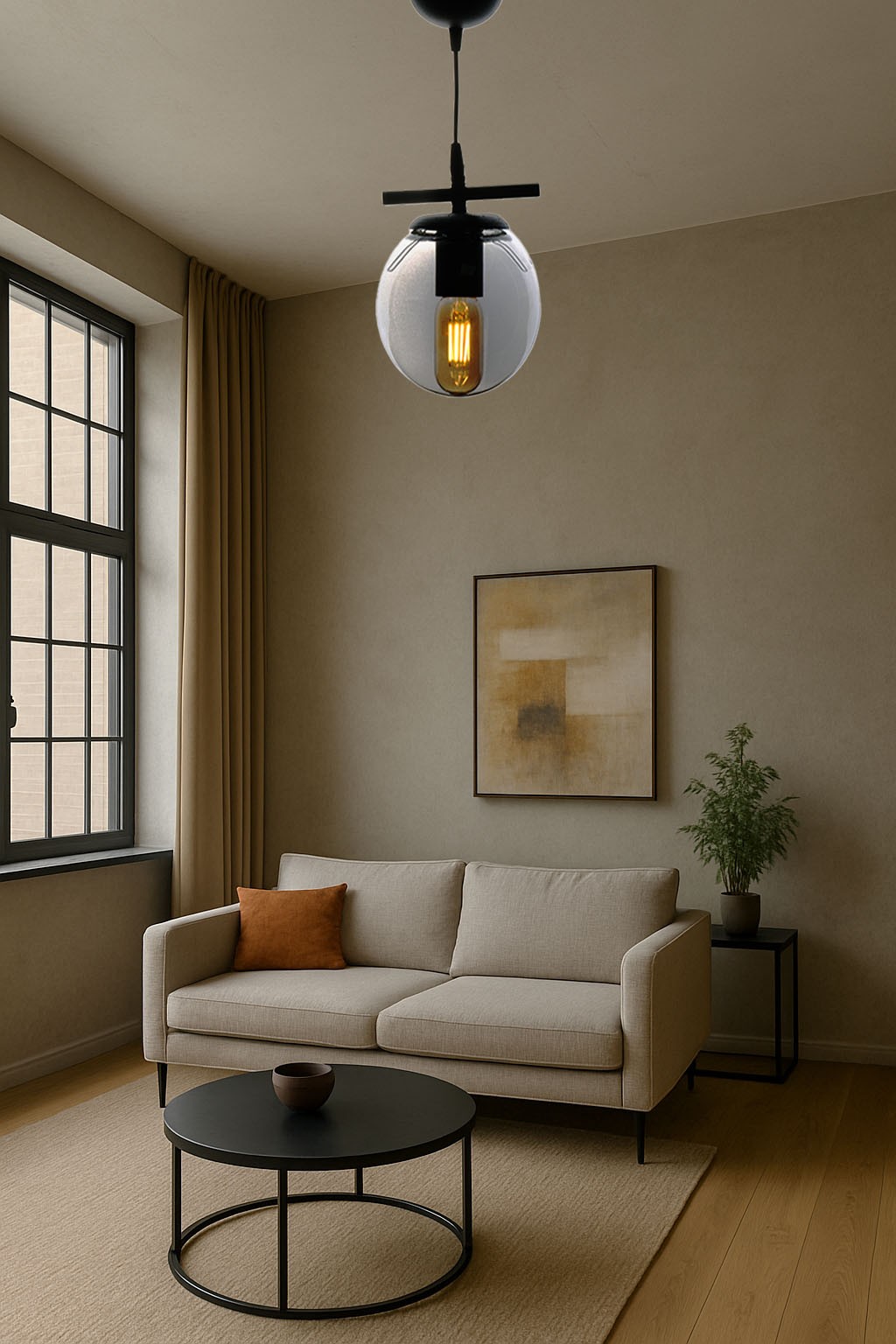 LEDMOTİONS MODERN FÜME GLOP CAMLI SIRALI TEKLİ SİYAH SARKIT AVİZE 
