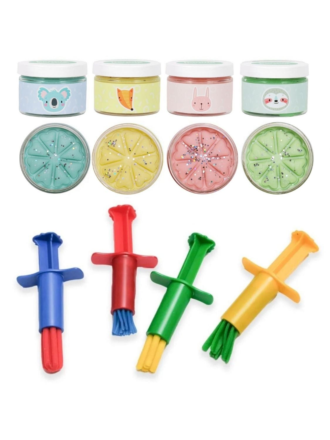 4 Parça Enjektör Pres Glitter Seti 4*150gr Bonimo Play Dough Doğal Oyun Hamuru - Simli Pastel Pembe-Mavi-Sarı-Yeşil