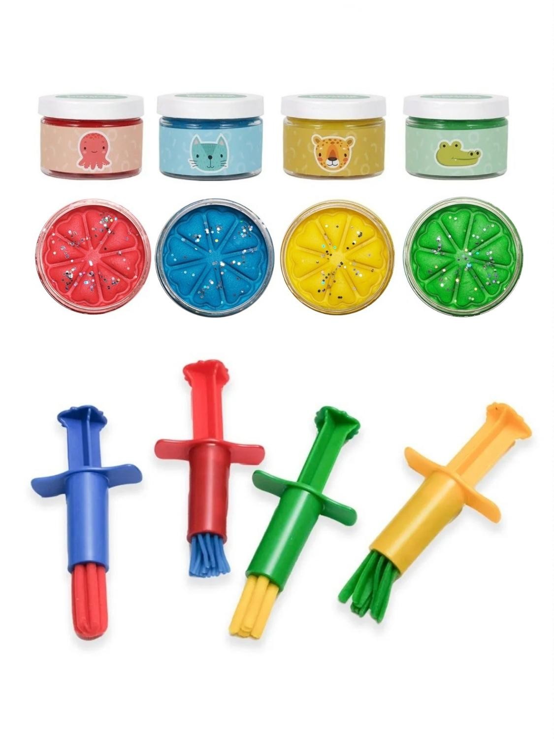 4 Parça Enjektör Pres Glitter Seti 4*150gr Bonimo Play Dough Doğal Oyun Hamuru - Simli Kırmızı-Mavi-Sarı-Yeşil