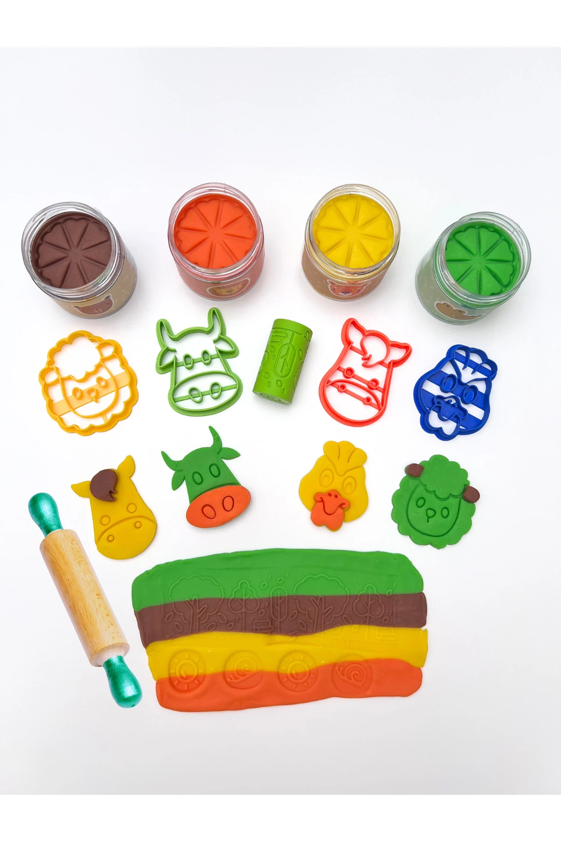 Doğal Oyun Hamuru Çiftlik Temalı Oyun Hamuru Seti -4*150gr, Kalıp, Damga Roller, Ahşap Merdane