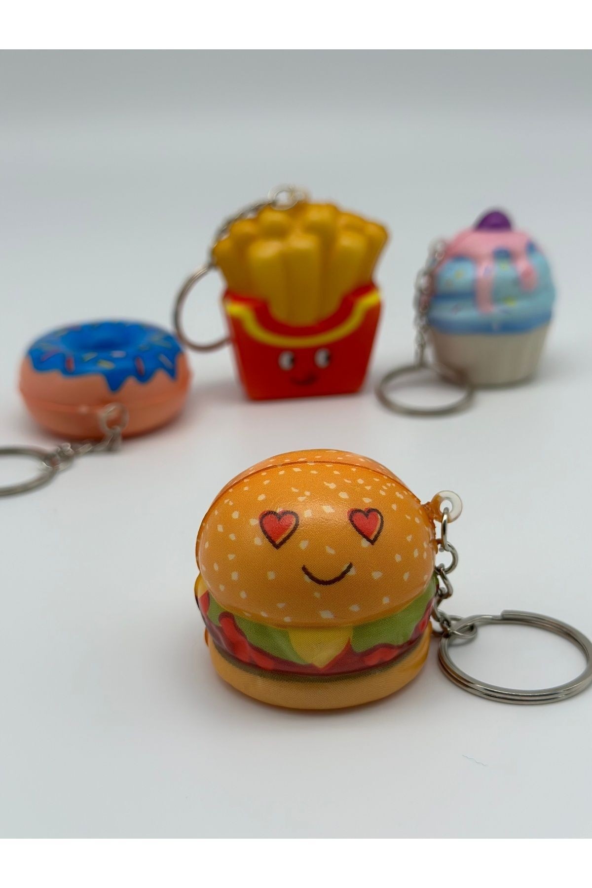 Pofuduk Anahtarlık Donut - Hamburger - Patates - Kek Anahtarlık Dörtlü 4'lü Set