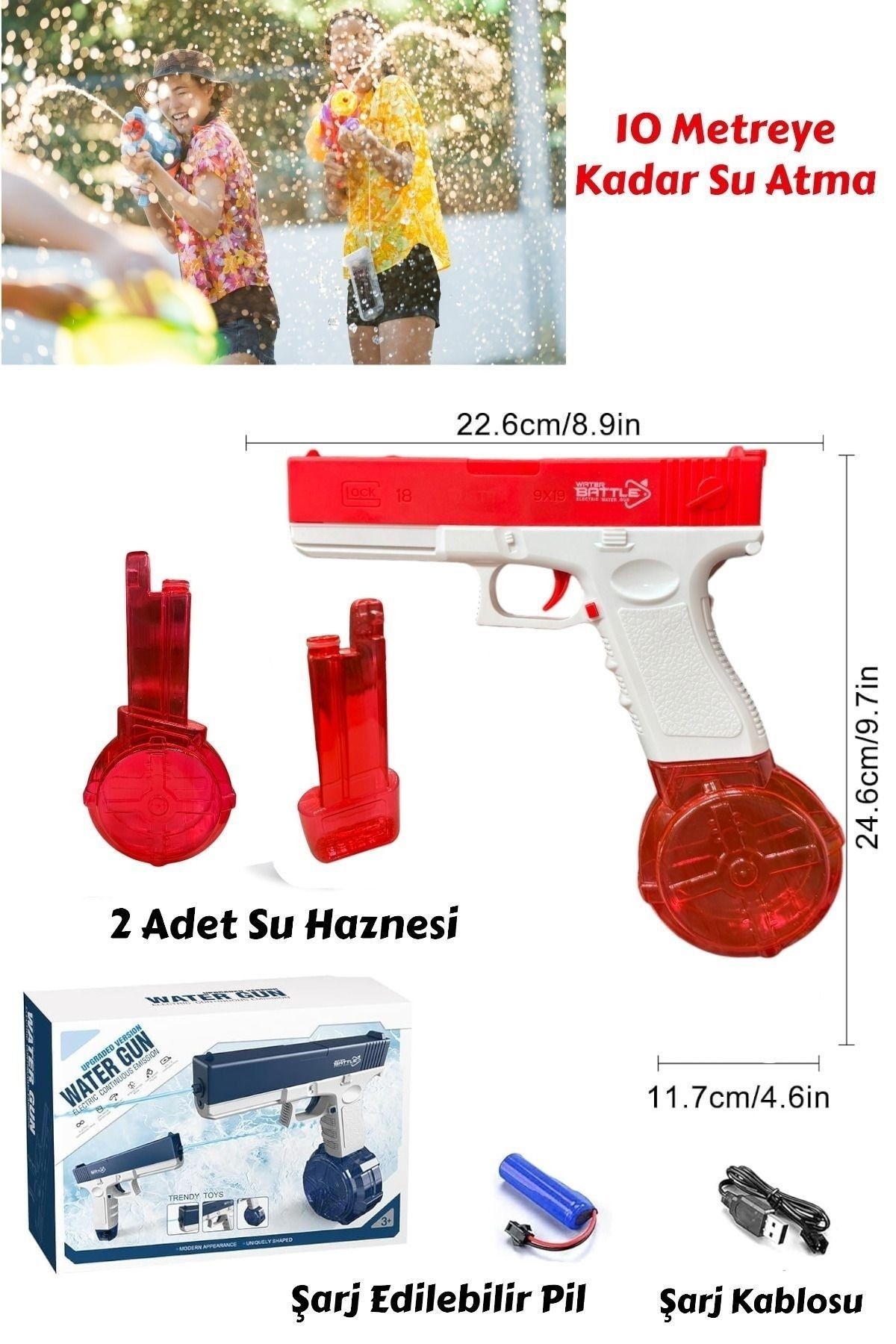 Şarjlı Tam Otomatik Su Tabancası 10 Metre Menzil 2 Yedek Hazneli Havuz Deniz Oyuncağı