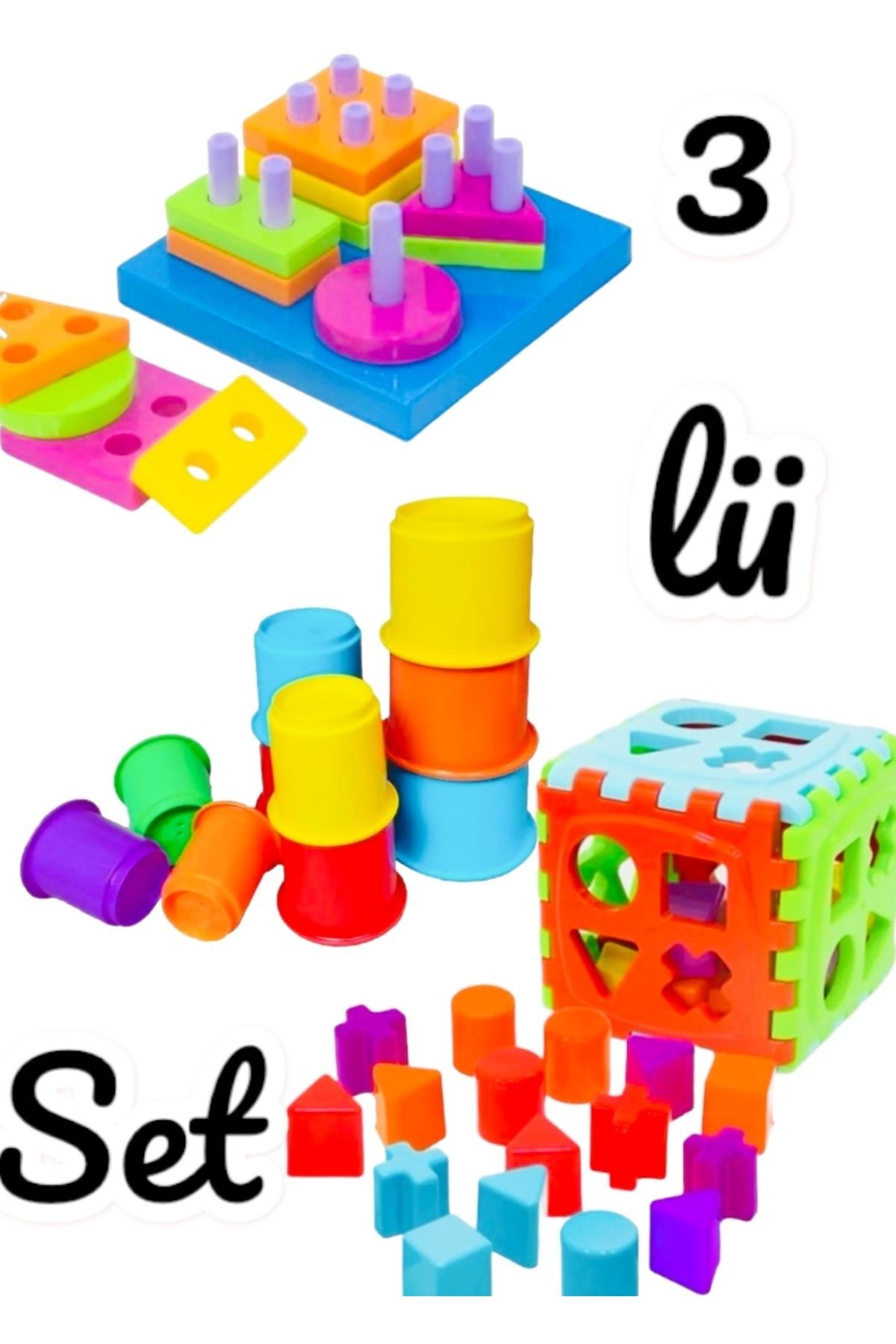 Sevimli Kule + Geometrik Şekiller Bulmaca + Bul Tak Puzzle Eğitici Zeka Geliştirici Set