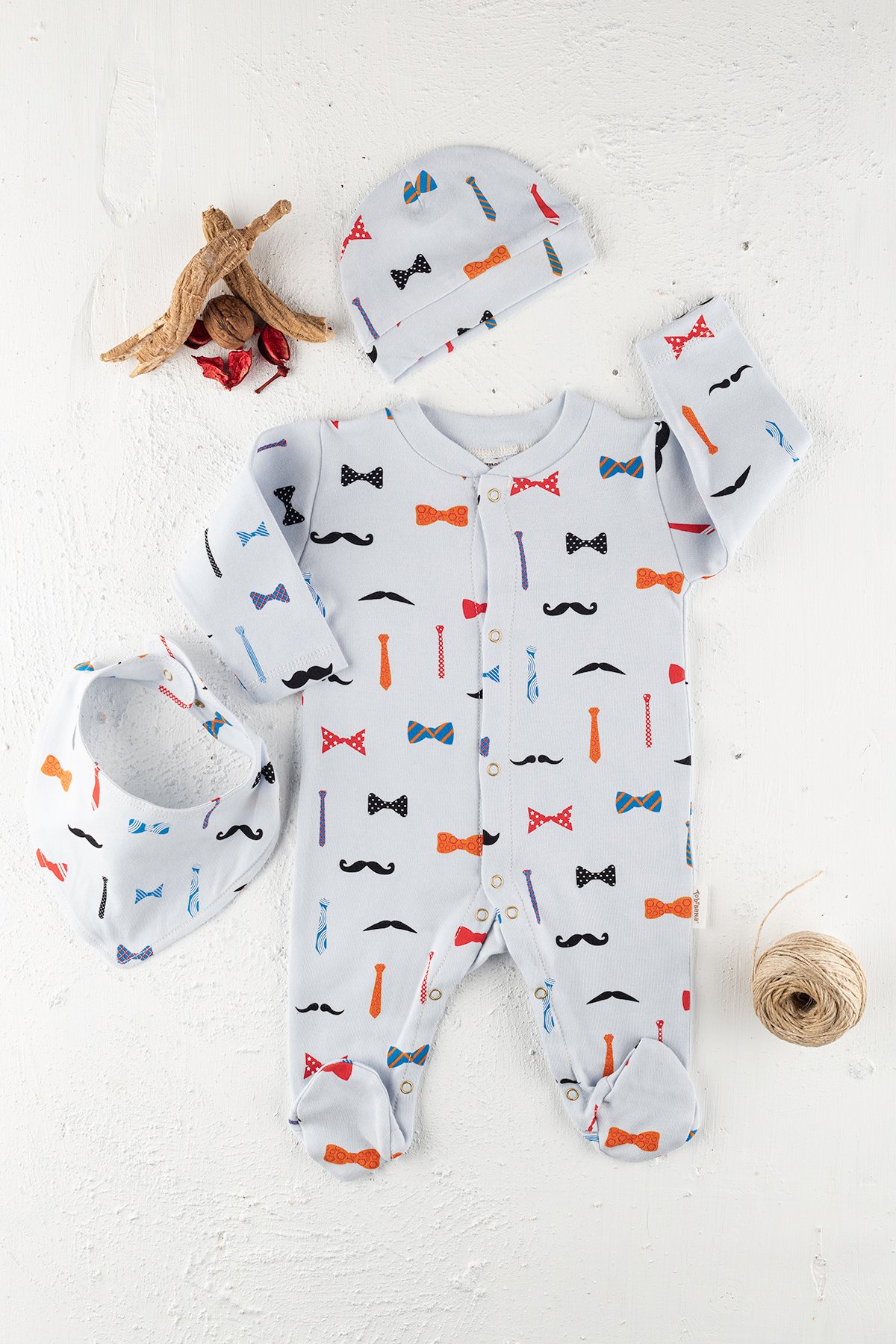 TobraAna Organik Bebek Pijama Tulum 3 Parça Erkek Mavi Renk Bıyıklı