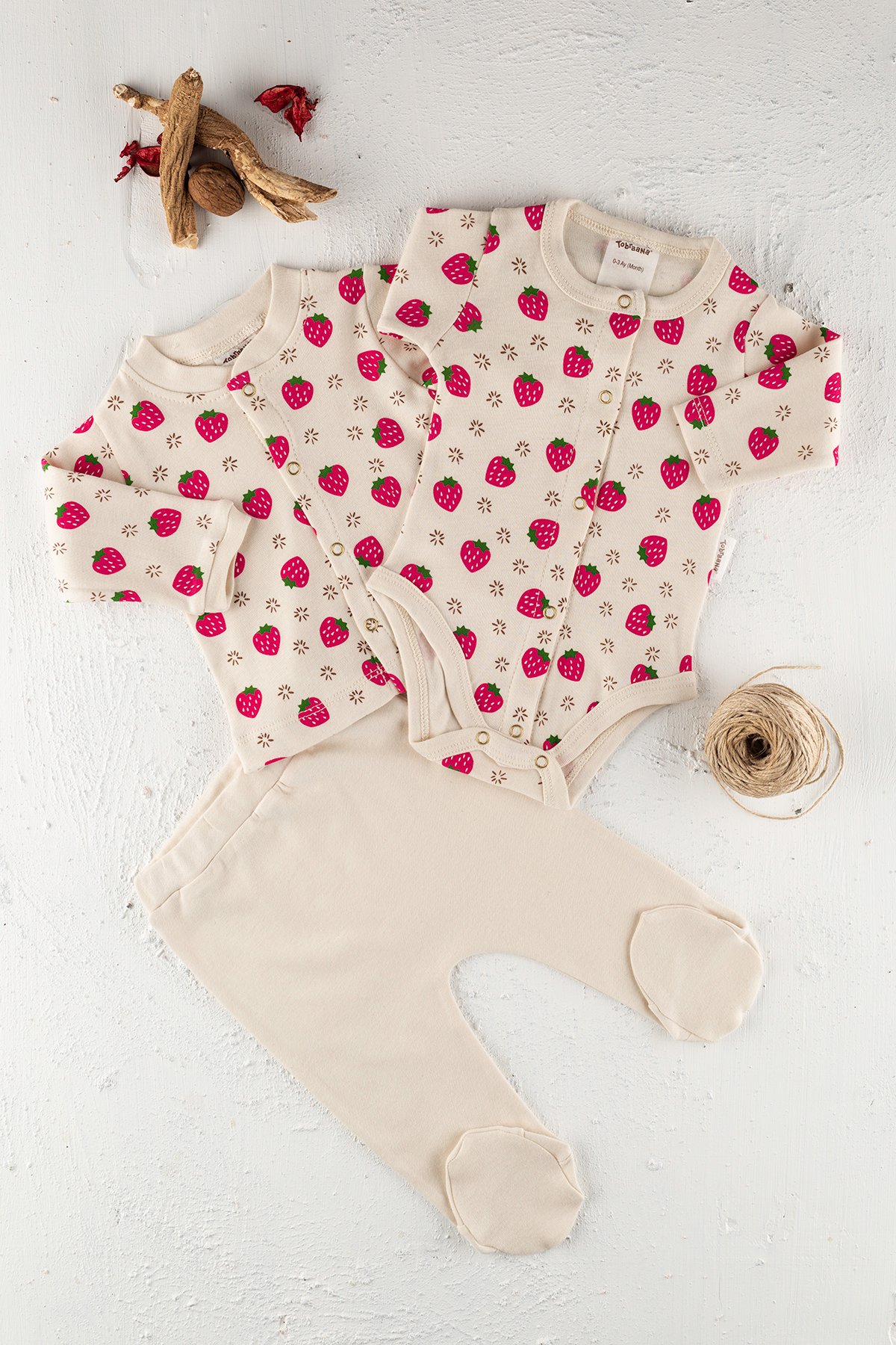 TobraAna Organik Bebek Pijama Takım 3 Parça Kız Natürel Renk Çilekli