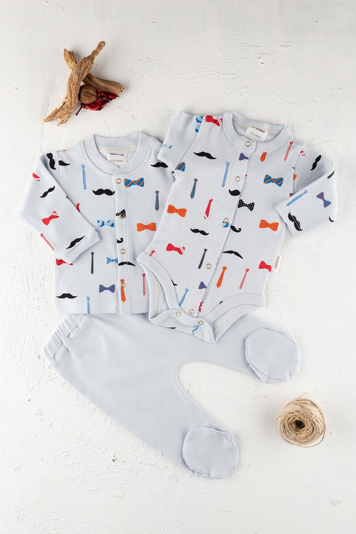 TobraAna Organik Bebek Pijama Takım 3 Parça Erkek Mavi Renk Bıyıklı