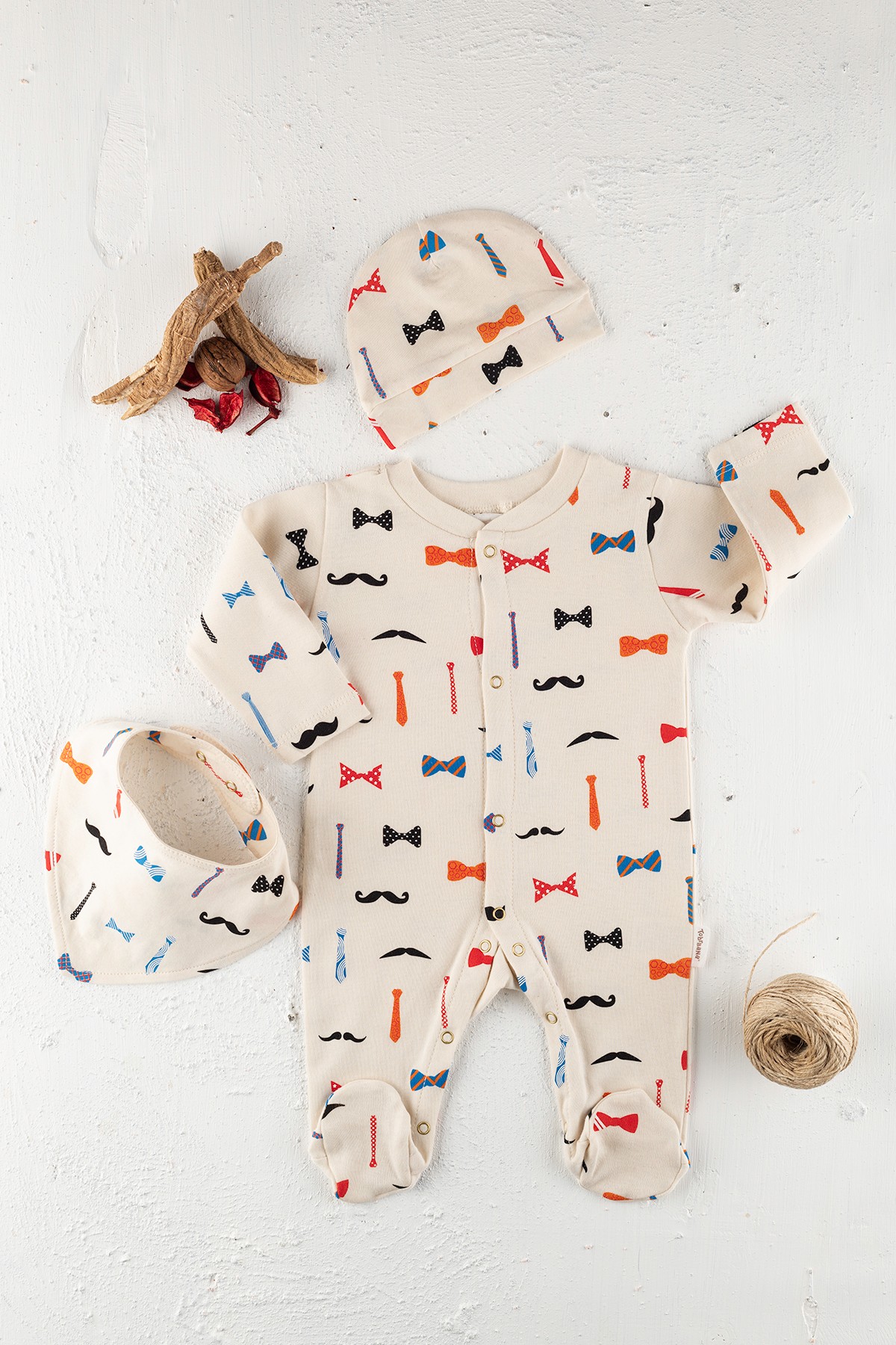 TobraAna Organik Bebek Pijama Tulum 3 Parça Erkek Natürel Renk Bıyıklı