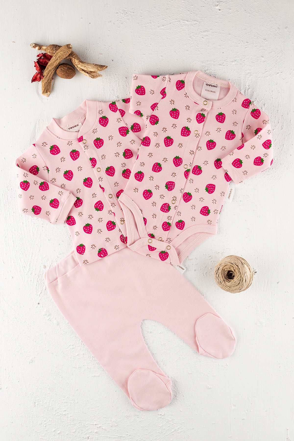 TobraAna Organik Bebek Pijama Takım 3 Parça Kız Pembe Renk Çilekli