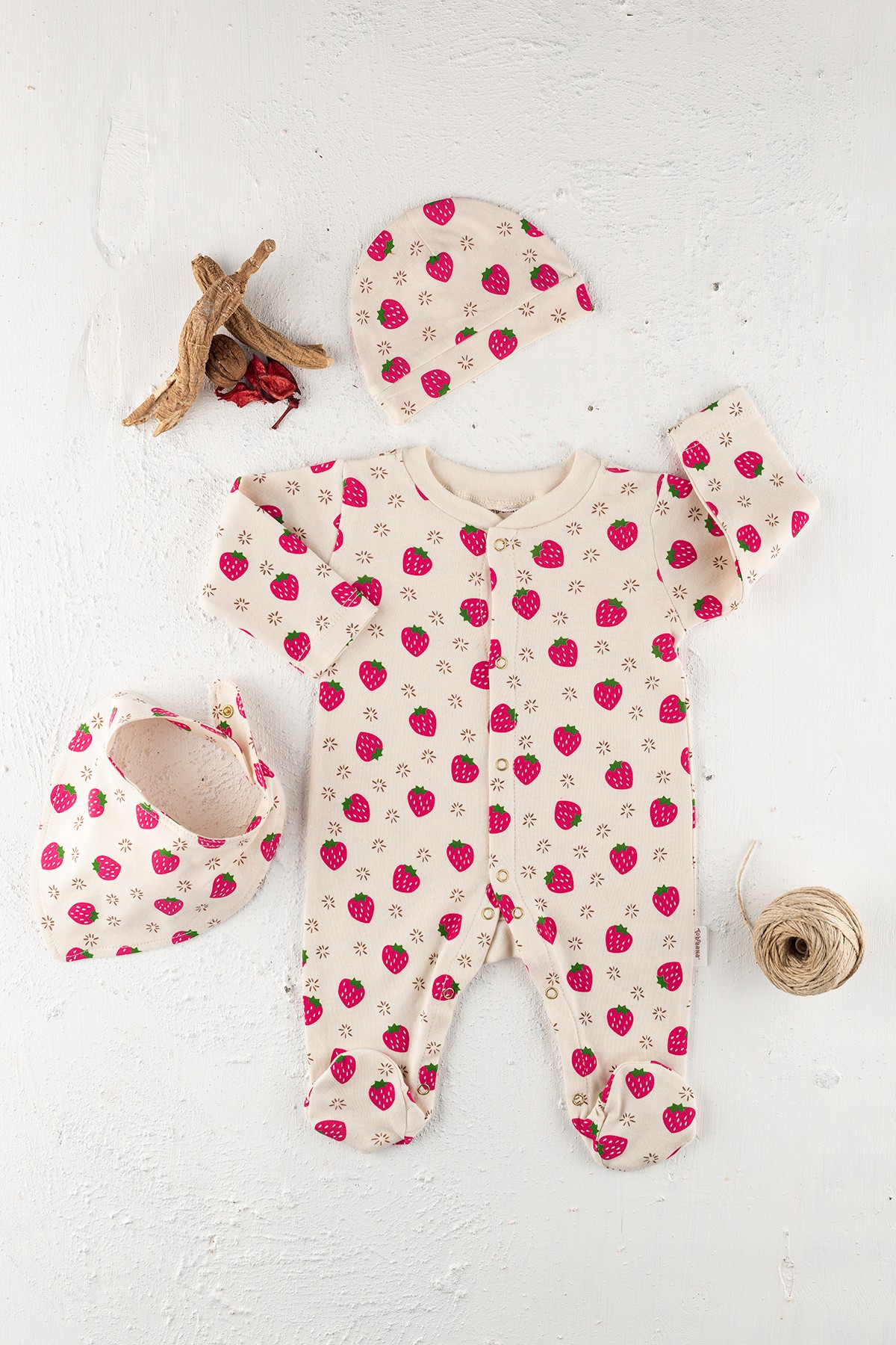 TobraAna Organik Bebek Pijama Tulum 3 Parça Kız Natürel Renk Çilekli