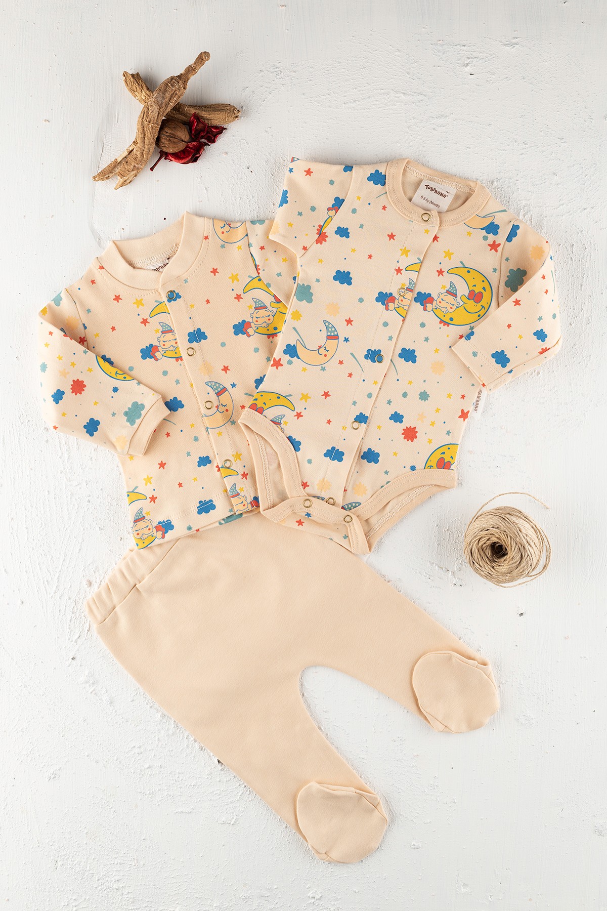 TobraAna Organik Bebek Pijama Takım 3 Parça Unisex Sarı Renk Aydede