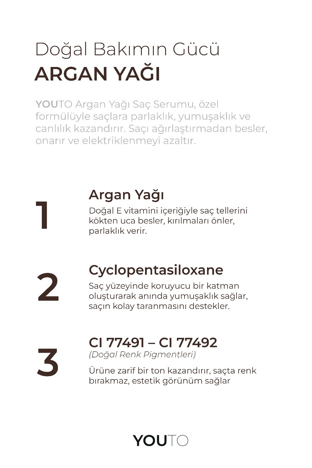 YouTo Argan Yağı Saç Bakım Serumu 100 ml | Elektriklenme Karşıtı ve Parlaklık