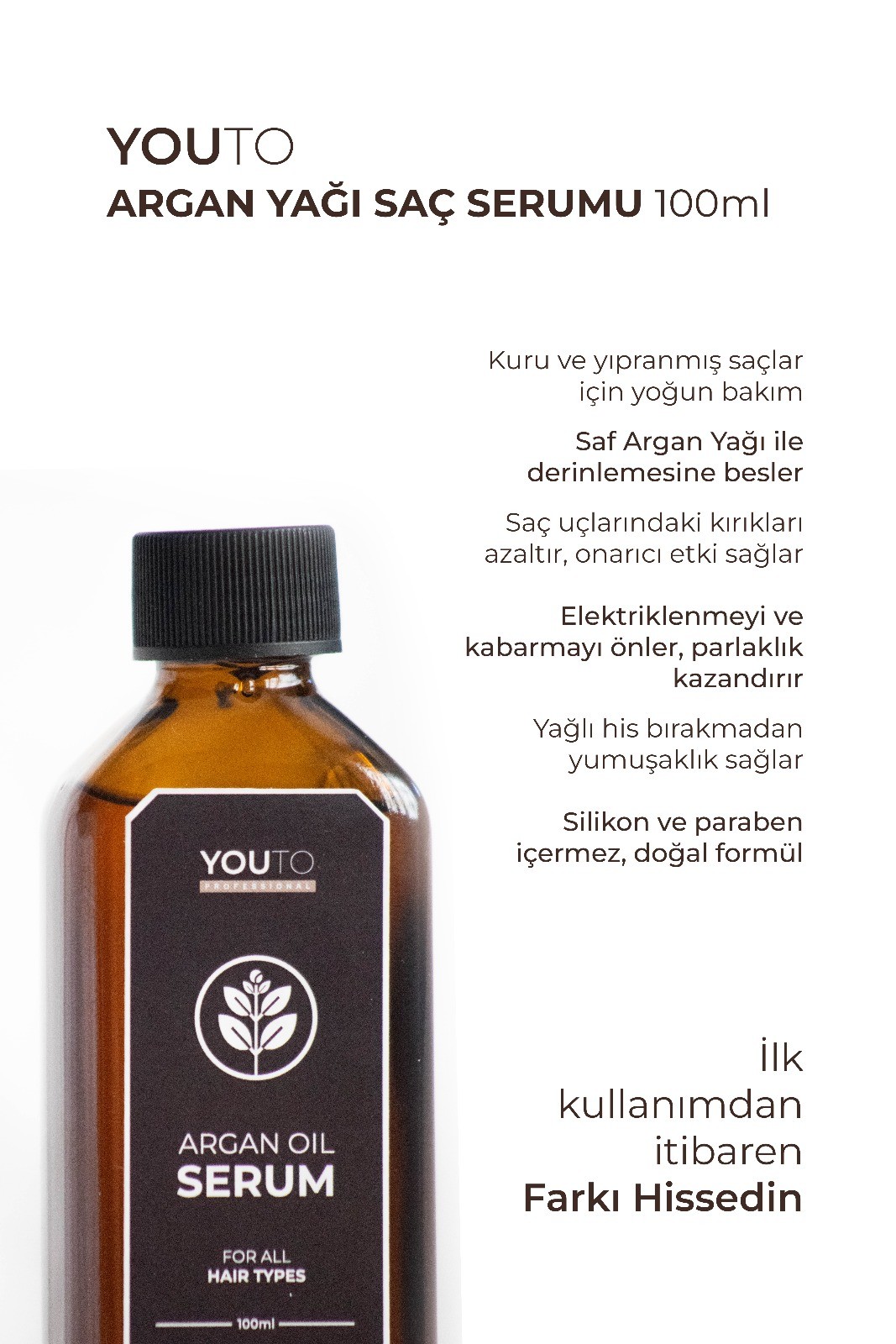 YouTo Argan Yağı Saç Bakım Serumu 100 ml | Elektriklenme Karşıtı ve Parlaklık