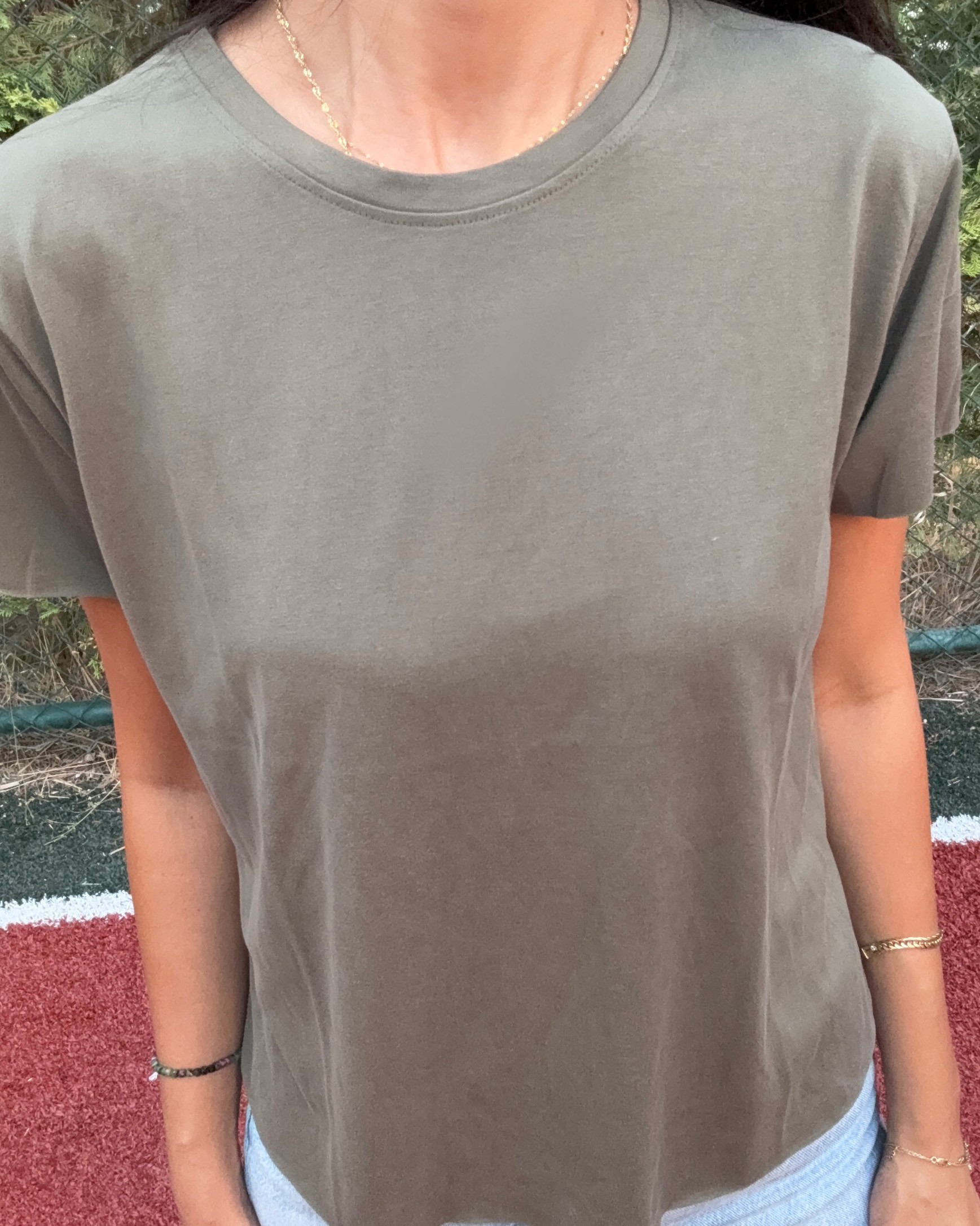 Haki Lazer Kesim Kadın Basic T-Shirt