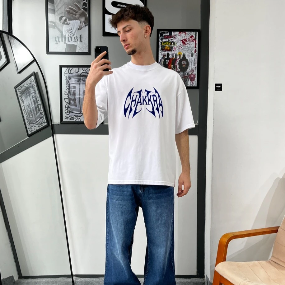 Chakkra Baskılı Beyaz Oversize Tişört G1058