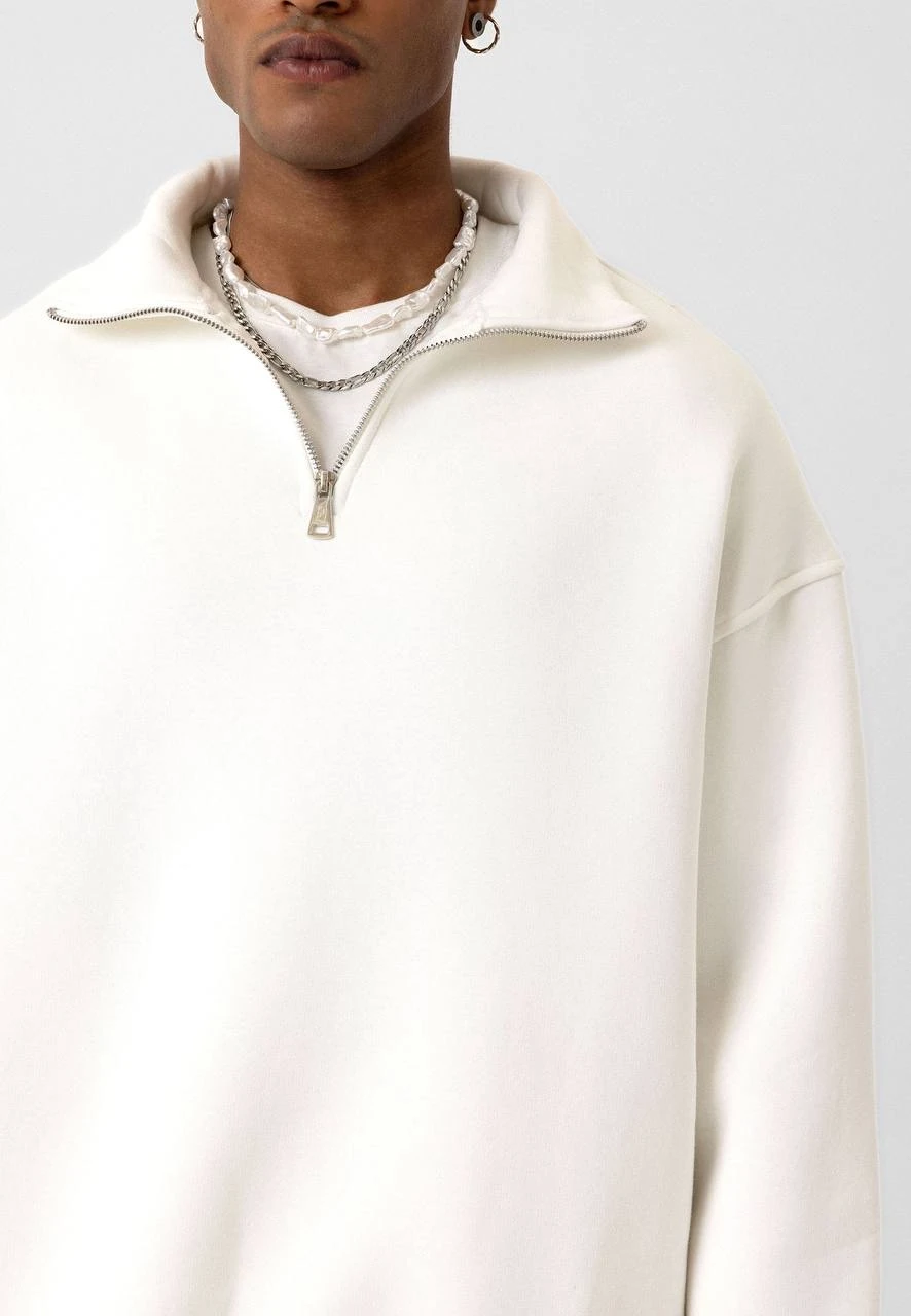 Basic Yaka Fermuarlı Ekru Sweatshirt G10147