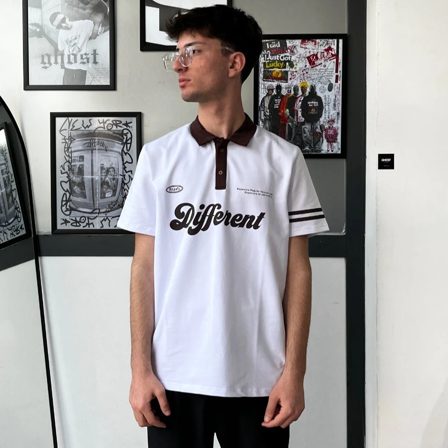 Different Baskılı Beyaz Polo Yaka Tişört G1073