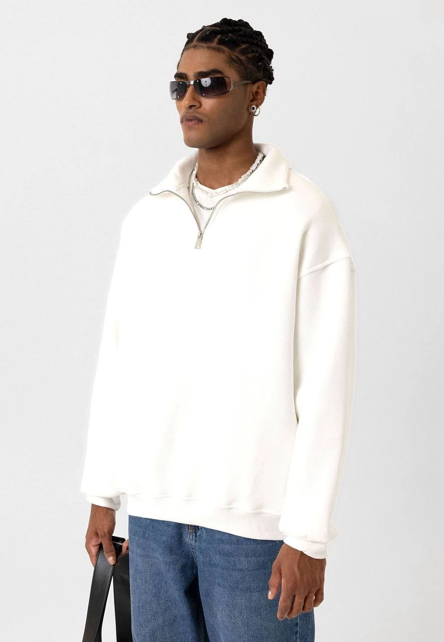 Basic Yaka Fermuarlı Ekru Sweatshirt G10147