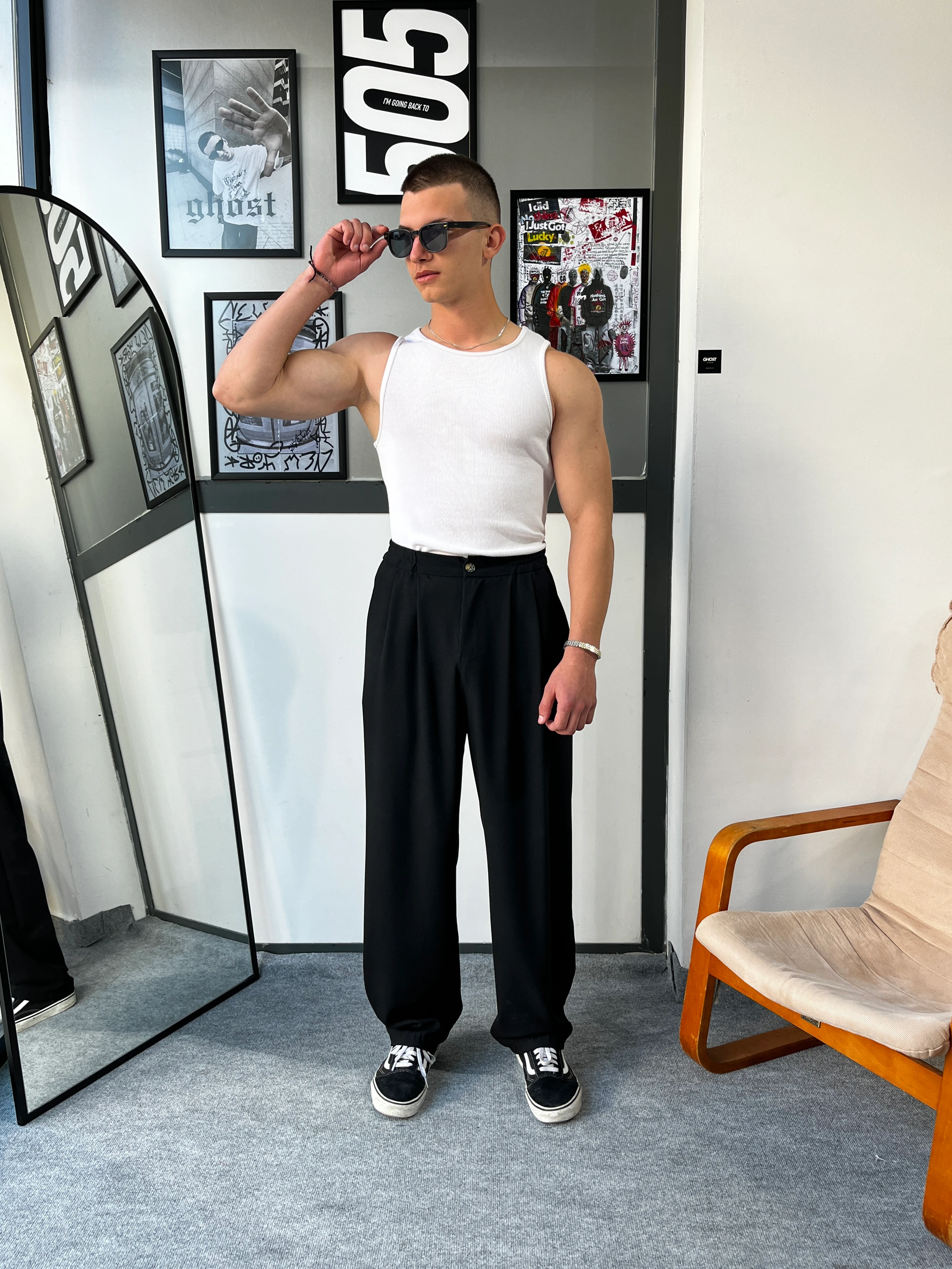 Ghost Pileli Baggy Siyah Kumaş Pantolon G10119