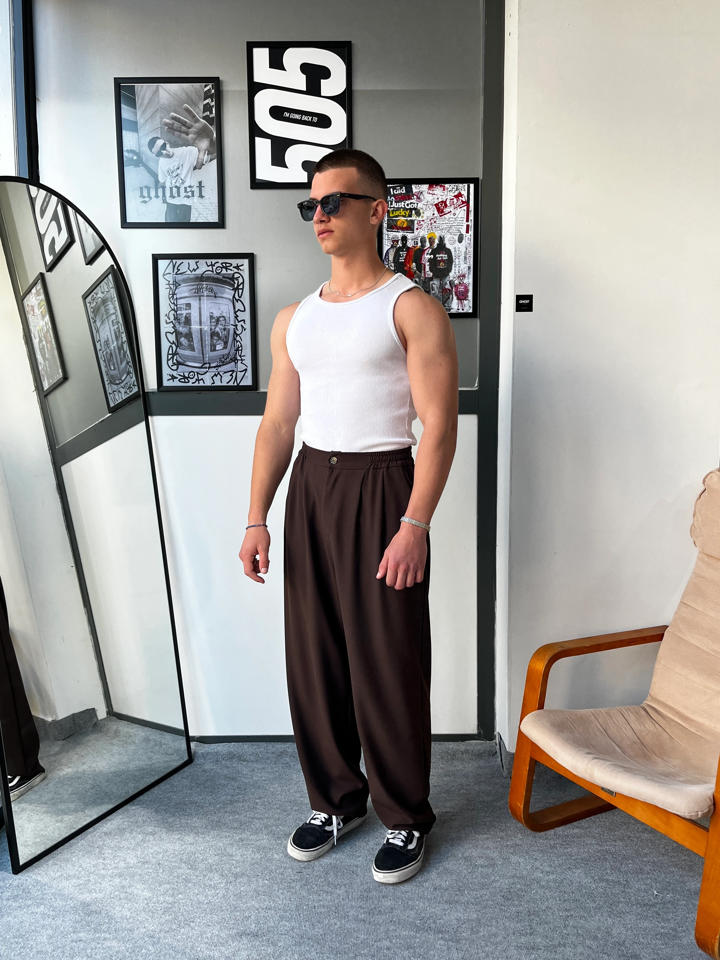 Ghost Pileli Baggy Kahve Kumaş Pantolon G10120