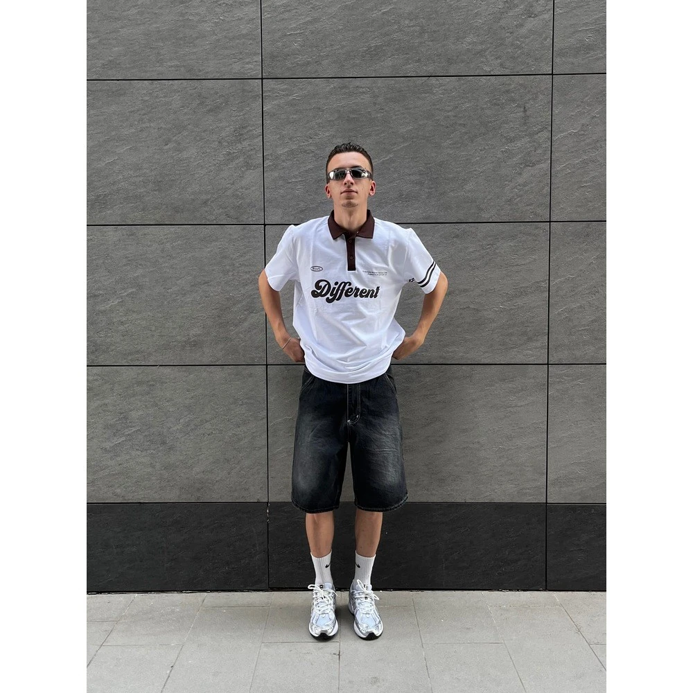 Different Baskılı Beyaz Polo Yaka Tişört G1073