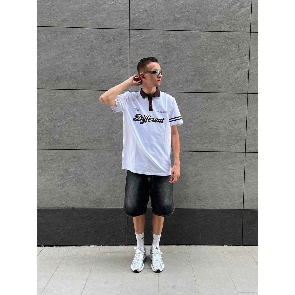 Different Baskılı Beyaz Polo Yaka Tişört G1073