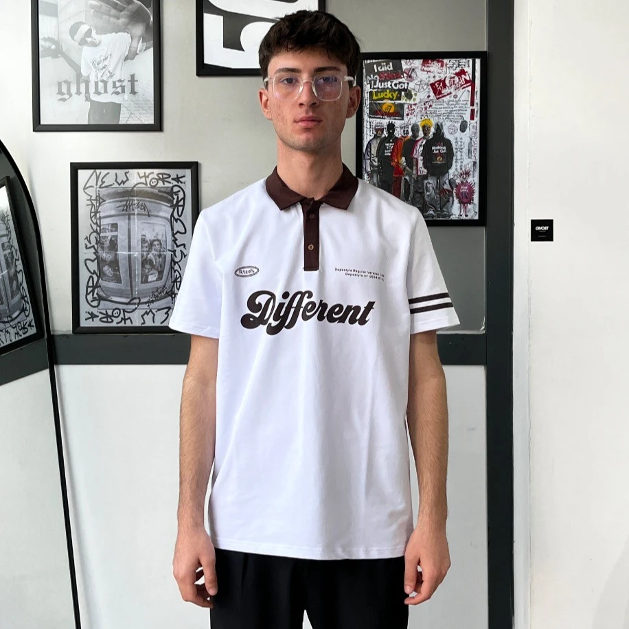 Different Baskılı Beyaz Polo Yaka Tişört G1073