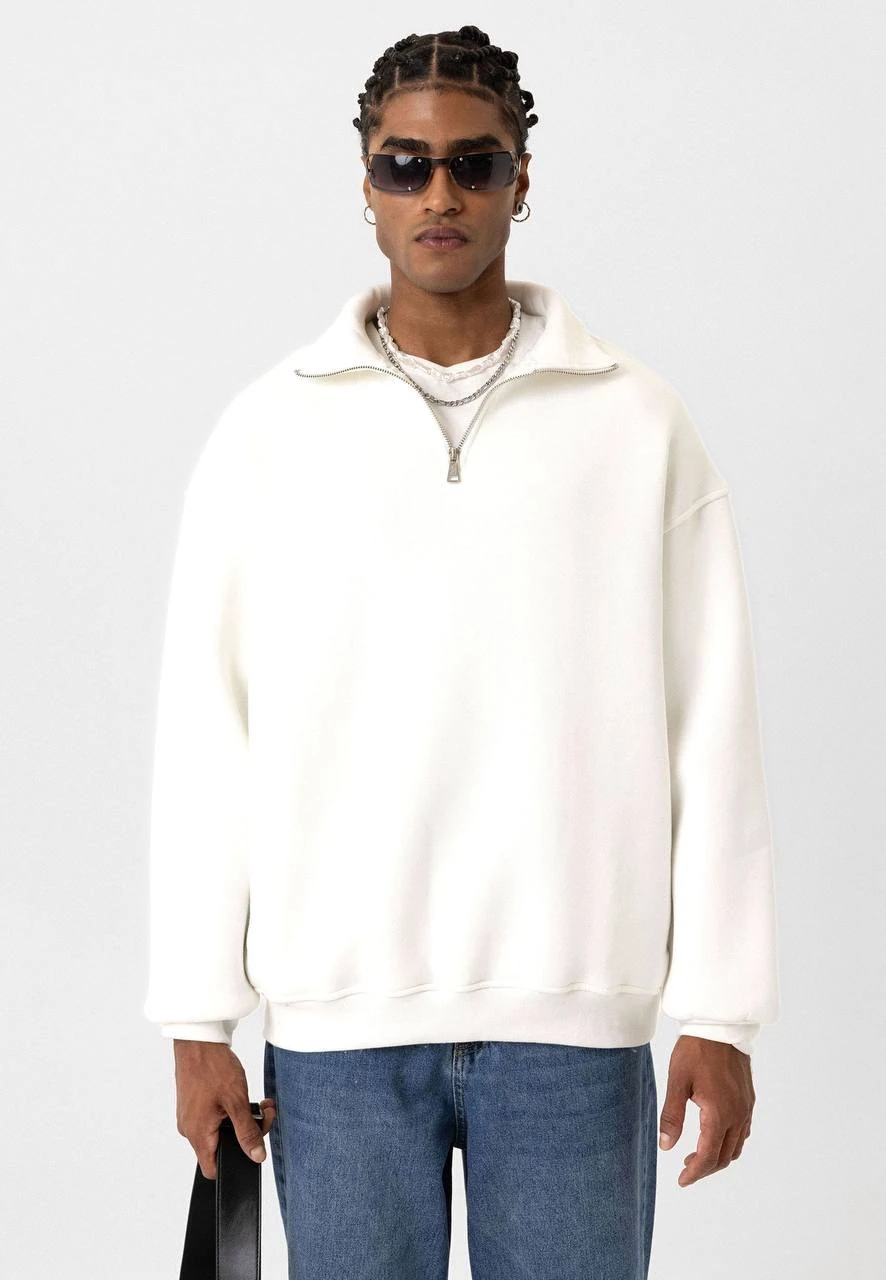 Basic Yaka Fermuarlı Ekru Sweatshirt G10147